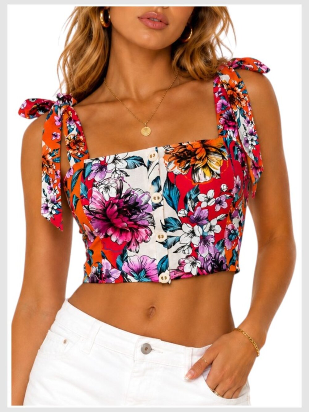 Agua Bendita Floral Tie-Shoulder Crop Top in Red, Orange, Purple